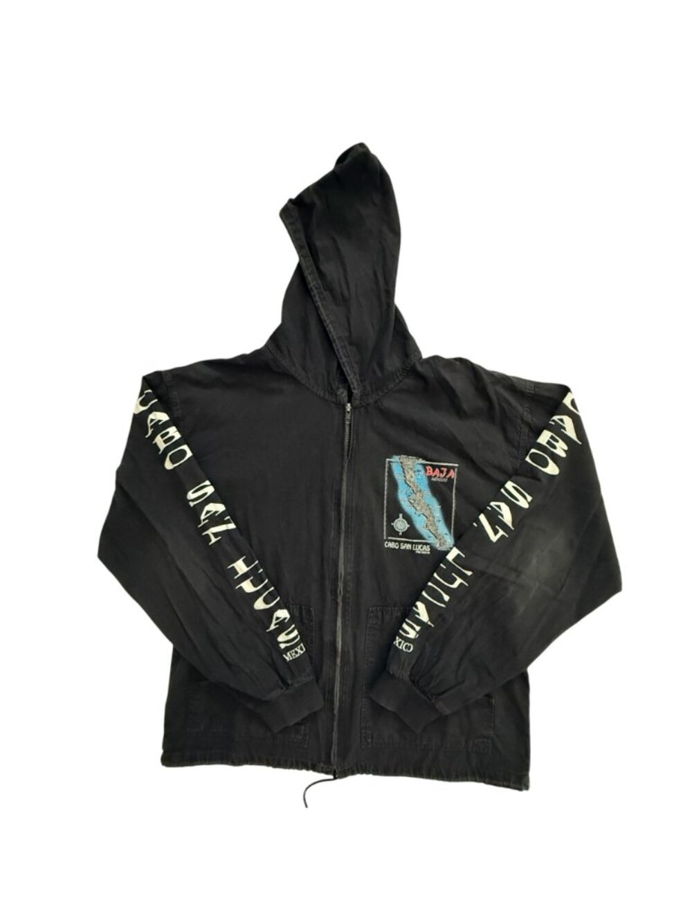 Vintage Cabo San Lucas Baja Mexico Lightweight Hooded Jacket Map Print Black Lg. - Picture 3 of 12
